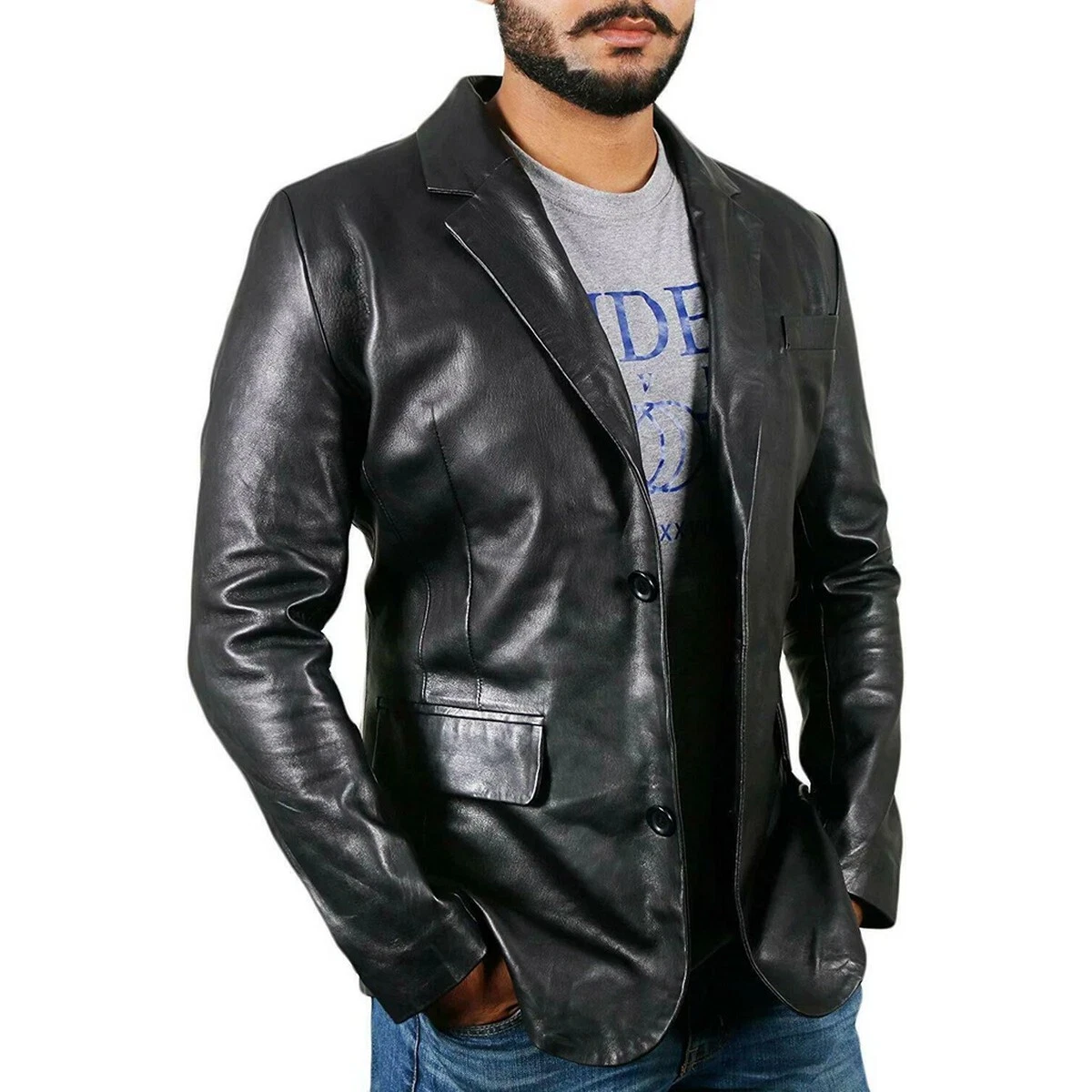 Men's Black Blazer Genuine Lambskin Leather Two Button Coat Blazer