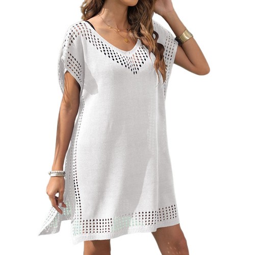 Damen Kurzarm Bikini Cover Up V-Ausschnitt Häkel Strick Aushöhlen Strandkleid - Bild 2 von 38