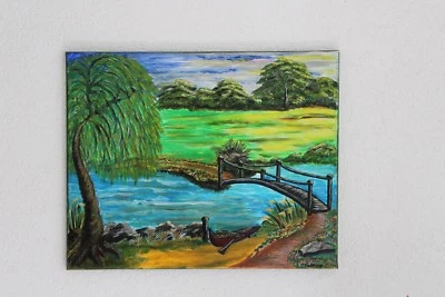 Bild Brücke am Fluss Gemälde Landschaft 50 x 40 Einzelstück handgemaltes Unikat - Bild 1 von 4