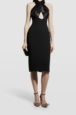 2995 Pamella Roland Women Black Sequin Halter Bow-Back Crepe Midi Dress Size 4