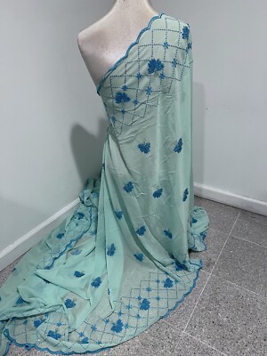 Sea Green Blue Iridescent Sequins Embroidery Chiffon Fabric 40  Width 1 Yard