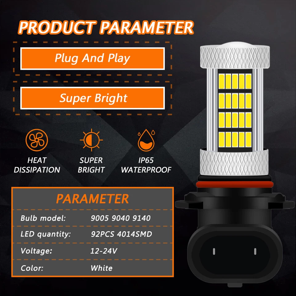 GLOFE 92SMD LED Fog Driving Light DRL Replace Bulbs 9005 9140 9006 HB4 Red Pink - Image 2 of 4