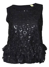 QMack Women`s Top Sleeveless Sequin Ruffle Blouse Black