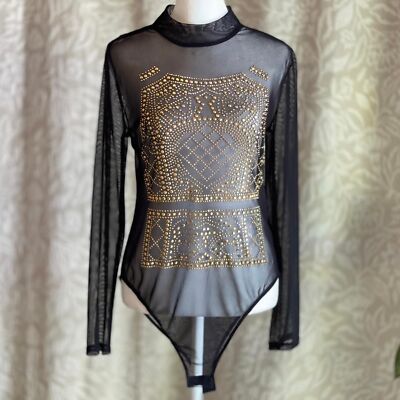 NWT Haute Project Black Mesh Gold Studded Sheer Bodysuit Festival Y2K Glam Sz L