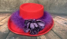 Something Special Red Society Hat 100% Wool Wide Brim Purple Feathers & Floral