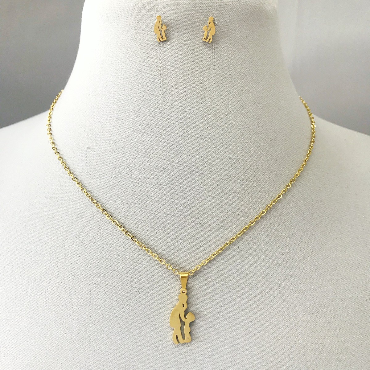 Gold Finish Mother and Child Son Daughter Pendant and Earrings Set