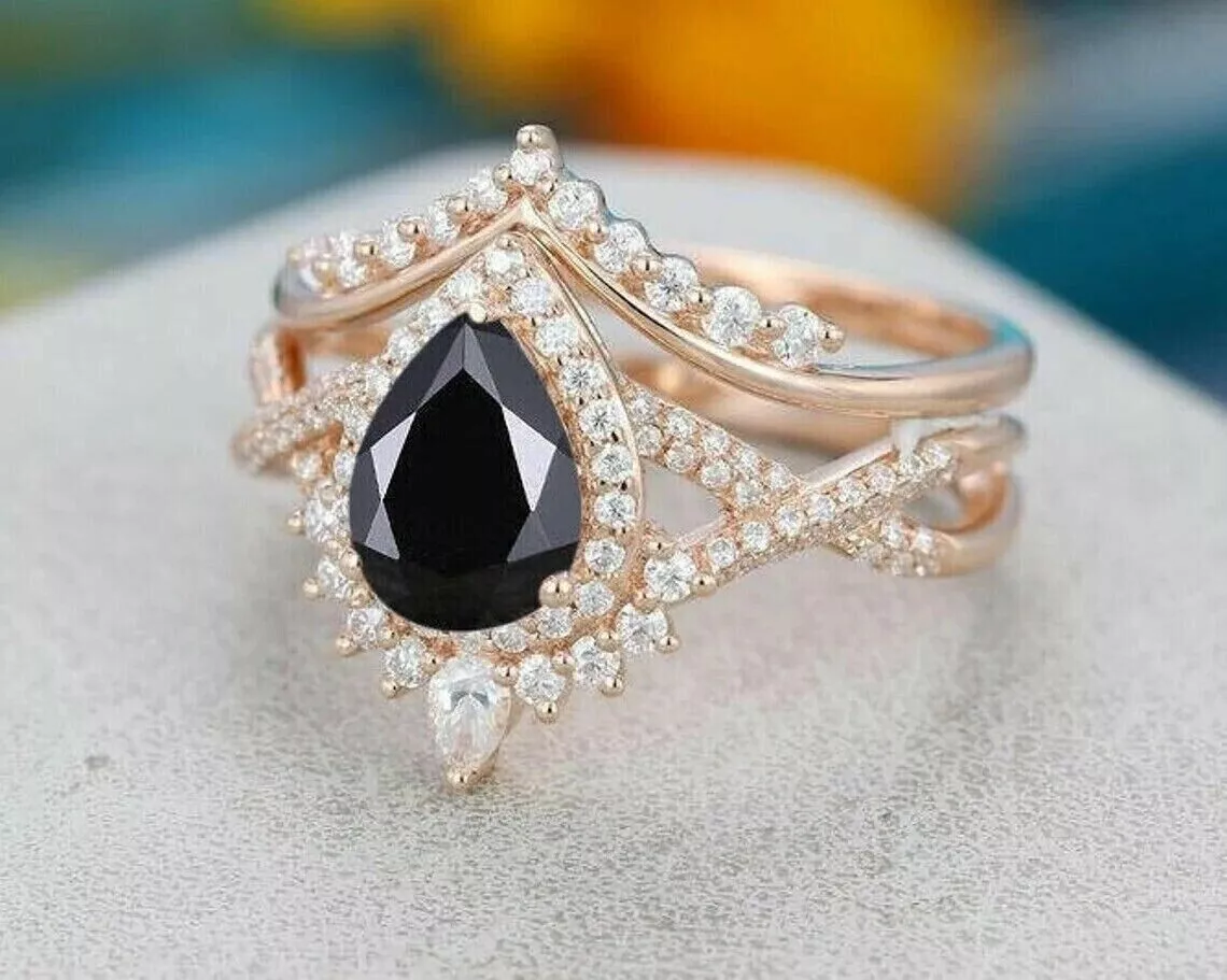 14K Rose Gold Black Diamond Pear Shaped Ring