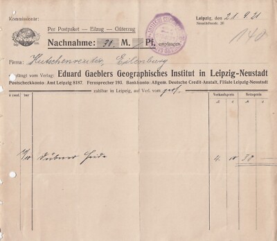 LEIPZIG, Rechnung 1921, Eduard Gaeblers Geografisches Institut Leipzig-Neustadt