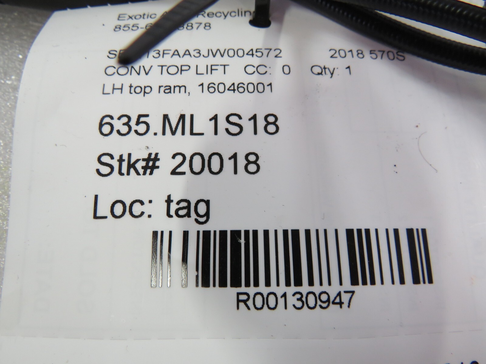 Mclaren 570S, LH, Left, Hydraulic Top Ram w/ Lines, Used, P/N 16046001