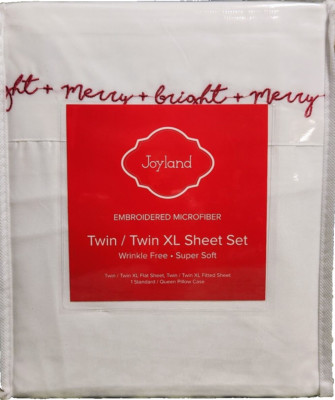 Joyland White Twin Sheet Set Christmas MERRY BRIGHT Embroidery Holiday Dorm NIP
