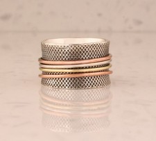 Sterling Silver 925 Anxiety Spinner Ring   Handmade Three-Tone Matte Band for M