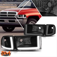 For 94-02 Dodge Ram Dual L-Bar LED DRL Headlight/Lamp Smoked Housing Clear Side