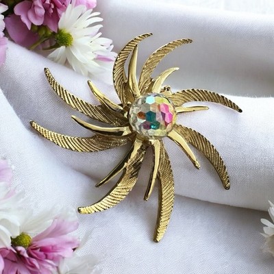 VTG Faceted AB Crystal Sphere Multi Texture Gold Tone Atomic Starburst Brooch 2 