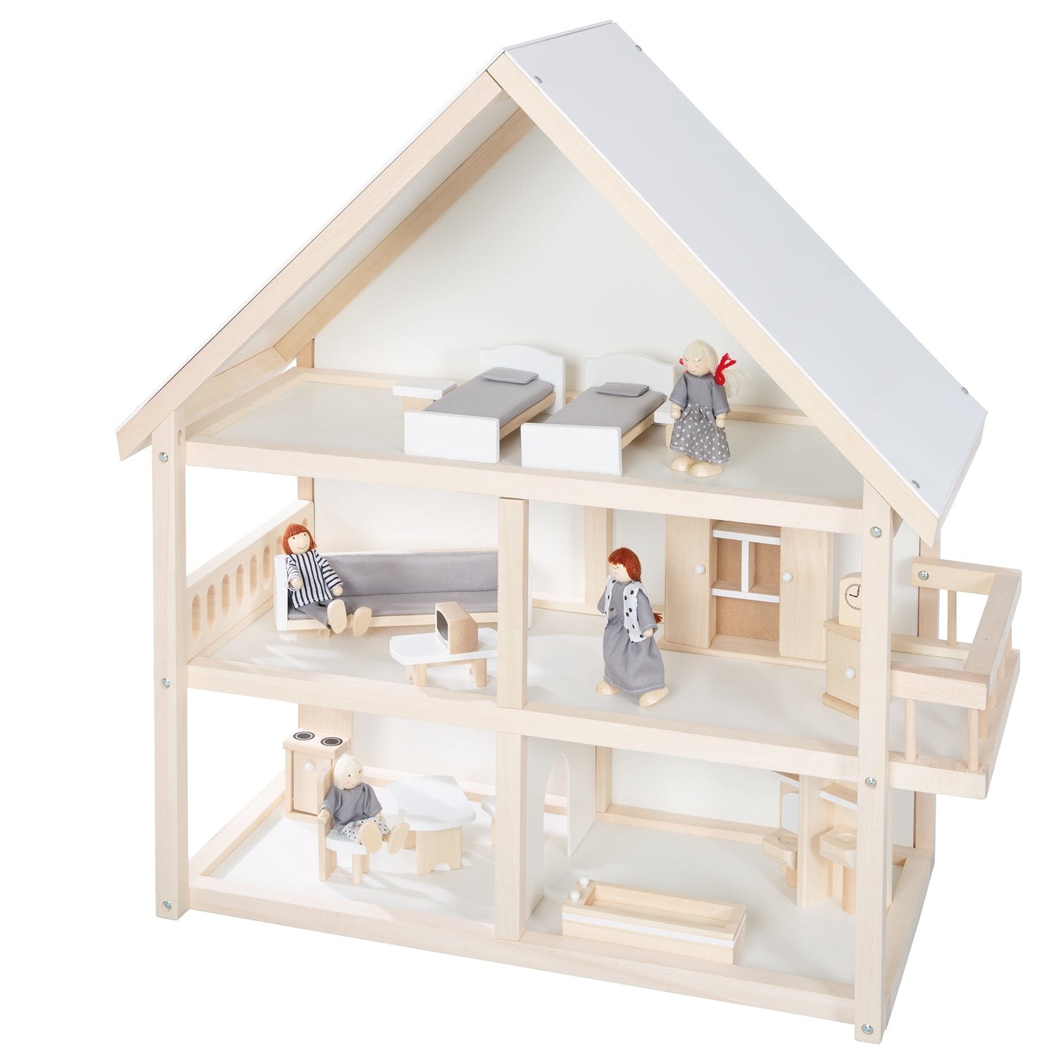 Puppenhaus, Puppenvilla inkl. Möbel und Puppen - Holz natur - B-Ware