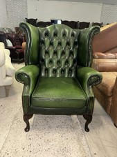 Chesterfield Green Real Leather Queen Anne Wingback Chair