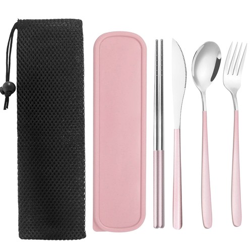 Tragbares Reiseutensilien Set Etui Rosa 18/8 Edelstahl Silberbesteck - Bild 1 von 7