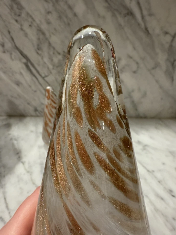 Hand Blown Art Glass Christmas Trees Set of 2 Swirled Copper White Glitter Trees - Image 4 of 4