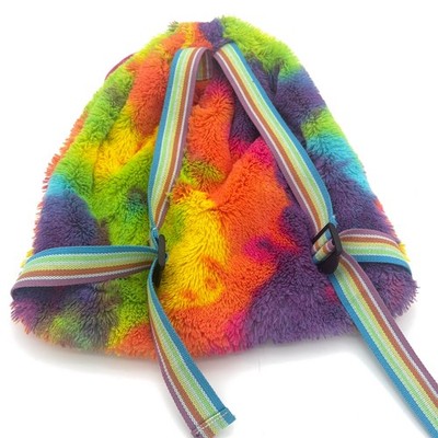 2 Scoops Fuzzy Tie Dye Drawstring Backpack Rainbow Shag Plush 15''