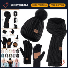 Winter Hat Scarf Gloves Set for Women - 3 PCS Beanie, Touchscreen Gloves, Neck W