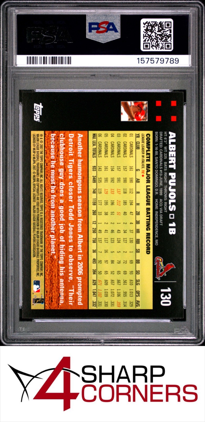 2007 TOPPS #130 ALBERT PUJOLS CARDINALS PSA 10 view 2