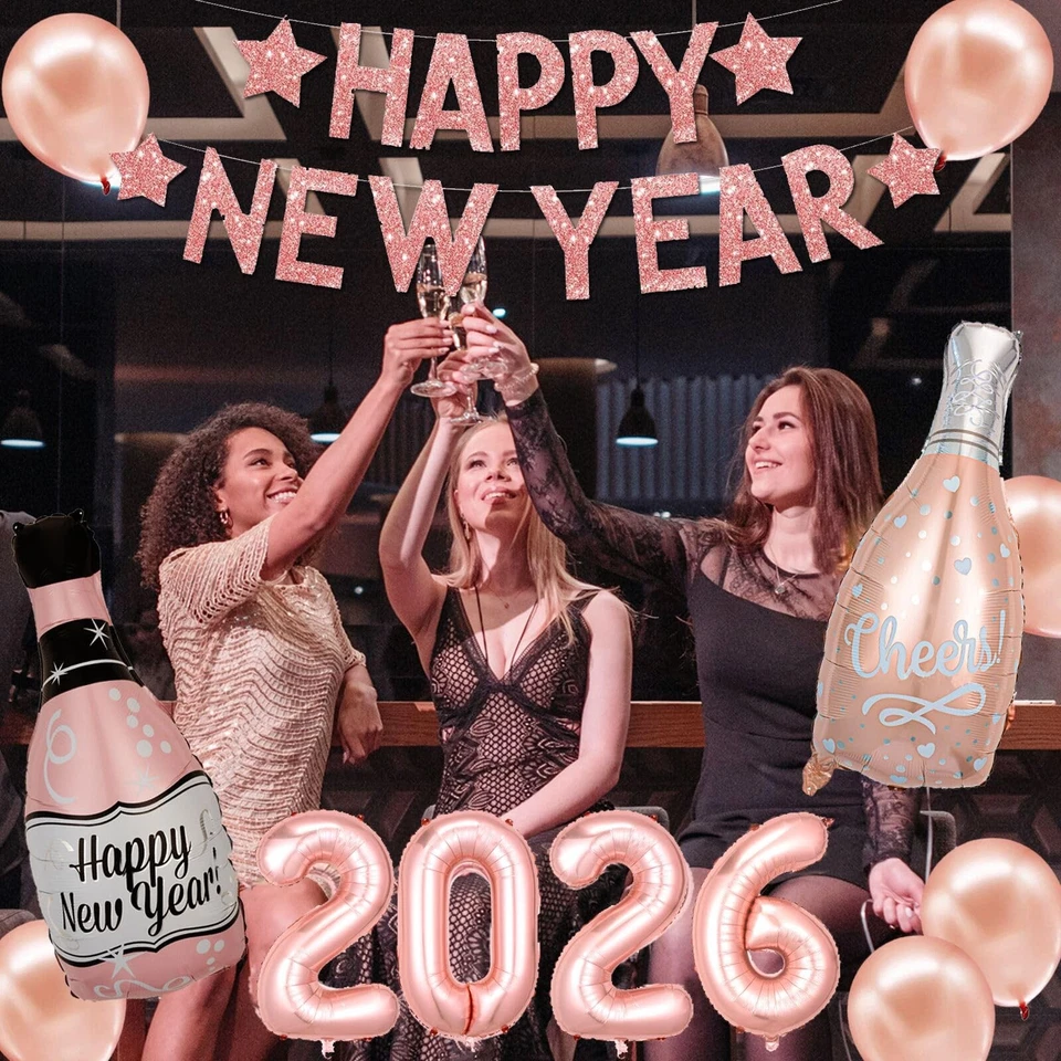 Suministros de Fiesta de Nochevieja 2026 Oro Rosa Feliz Año Nuevo Decoraciones Feliz... Foto 3 de 4