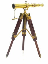 Antique Nautical Marine Brass Telescope Spyglass On Wooden Tripod Stand