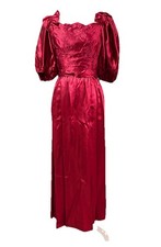 Vintage 1970s Red Satin Floral Embroidered Gown Size S Bow Tie Empire Waist Glam