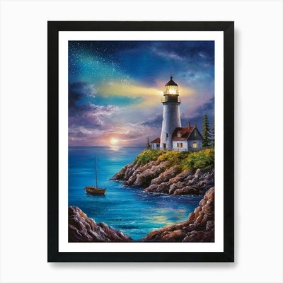 Leuchtturm bei Nacht 4 Kunstdruck gerahmt Wandbild Poster Leinwanddruck Bild