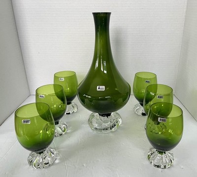 MCM Aseda Sweden Emerald Green Glass Decanter w/ Clear Twisted Base & 6 Glasses