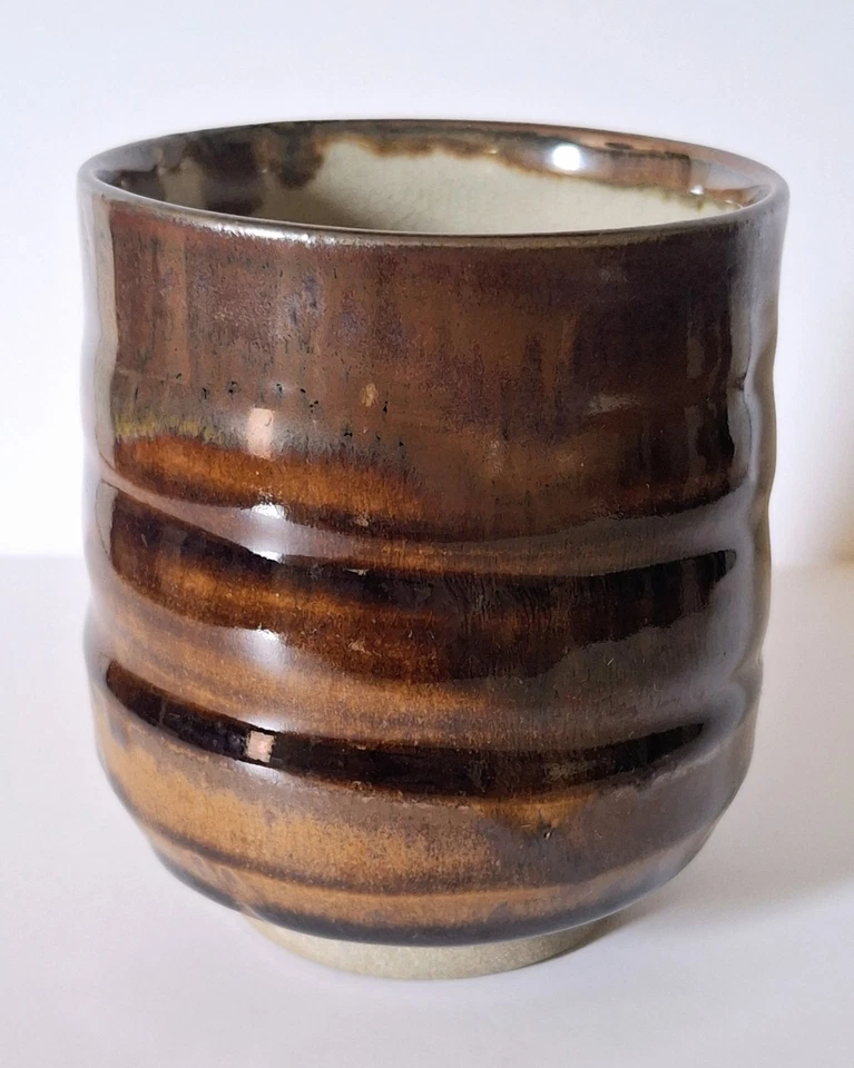 Japanese Studio Pottery Yunomi Tea Cup Brown Tenmoku Stoneware Ceramic Ribbed - Image 2 of 4