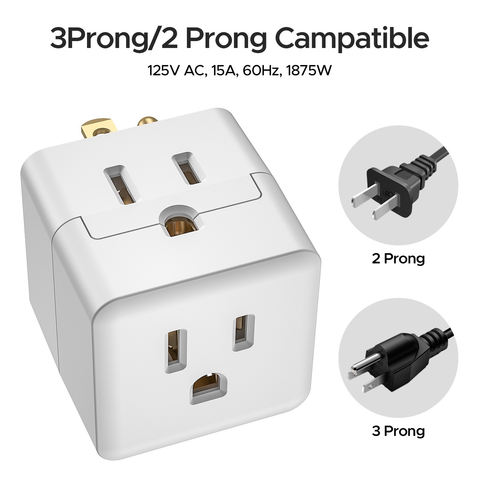 3 Outlet Extender Indoor Grounded AC Power Wall Tap Adapter Plug,ETL Listed