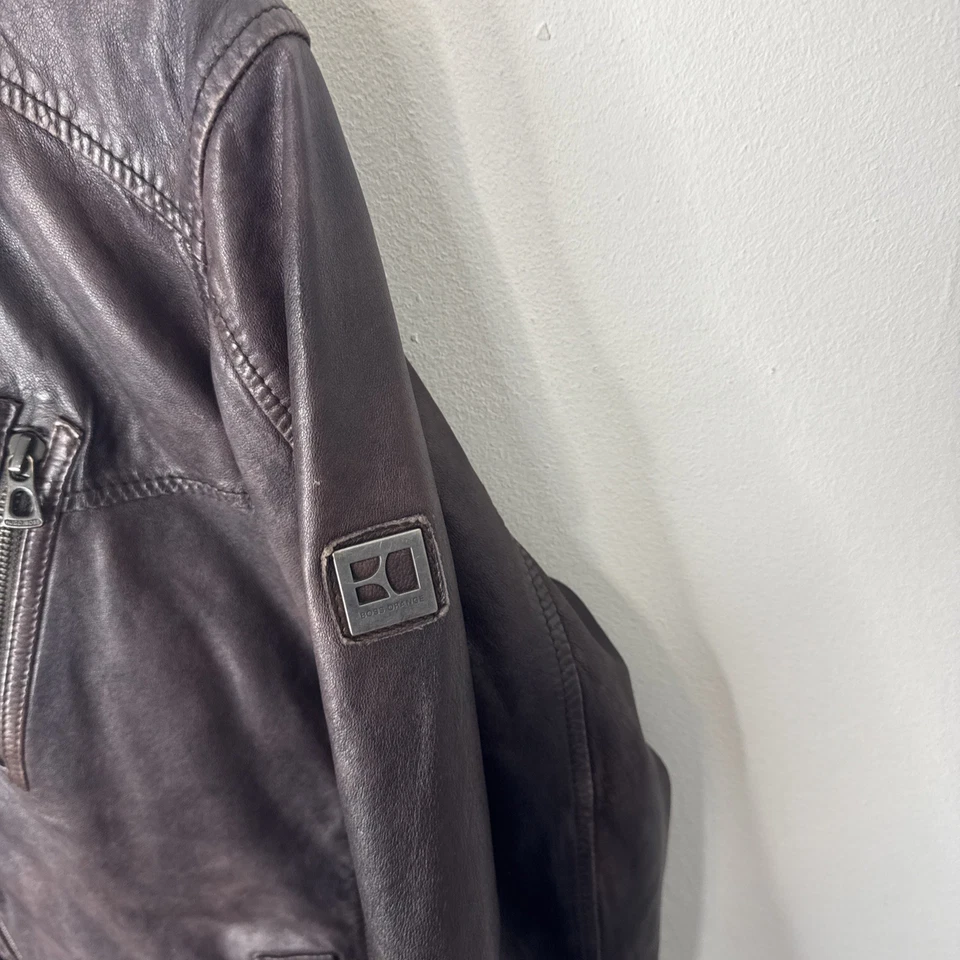 Hugo Boss Naranja Hombre Cordero Cuero Chaqueta Marrón Talla 38 Moto Cuadros Forrada Cremallera Foto 2 de 4