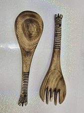 🦓 Vintage Hand Carved Zebra Wood Salad Server Set – Rustic Safari 🦓