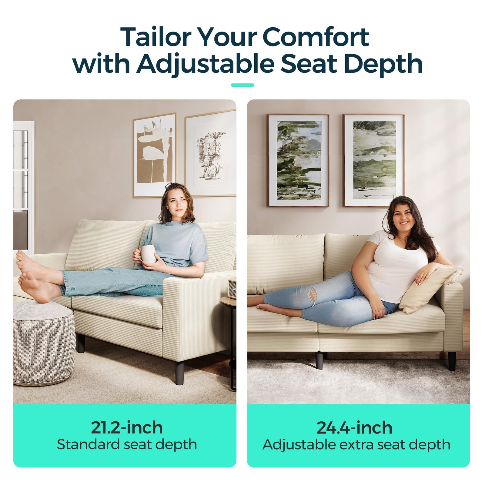 79'' Beige Loveseat Sofa - Comfy Couch Corduroy Love Seat Couch with Adjustab...