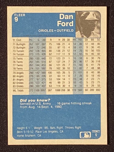 Tarjeta de béisbol Fleer #9 Dan Ford 1984 MLB Baltimore Orioles Outfielder - Imagen 2 de 2