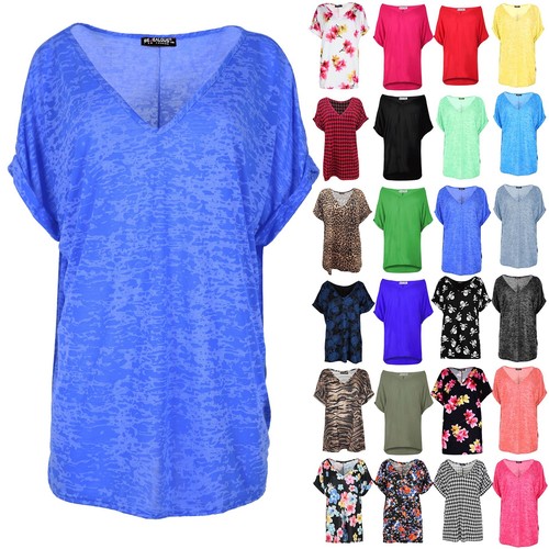 Womens Baggy T Shirt Ladies Lagenlook Top Burnout V Neck Turn Up Sleeve Oversize eBay