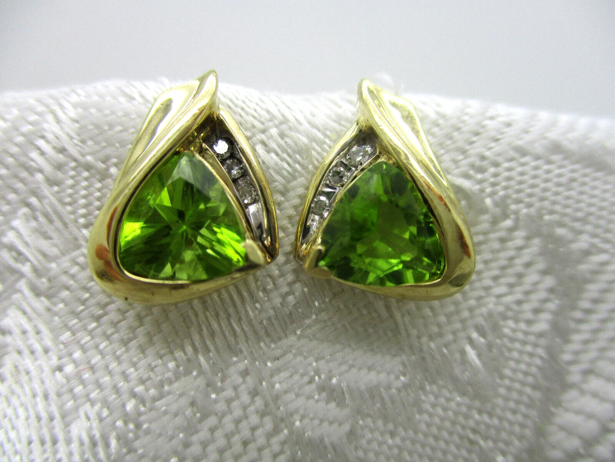 ESTATE JEWELRY 10K ADL SOLID GOLD TRILLION CUT PERIDOT DIAMOND PIERCED EARRINGS