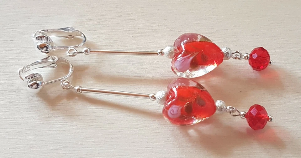 OHRCLIPS CLIPS VERSILBERT HERZEN LAMPWORK GLASPERLEN KRISTALL PERLEN LANG - Bild 2 von 2