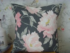 in LAURA ASHLEY  PINK CHARCOAL PEONIES LINEN PRINT FABRIC CUSHION COVER 16in pad