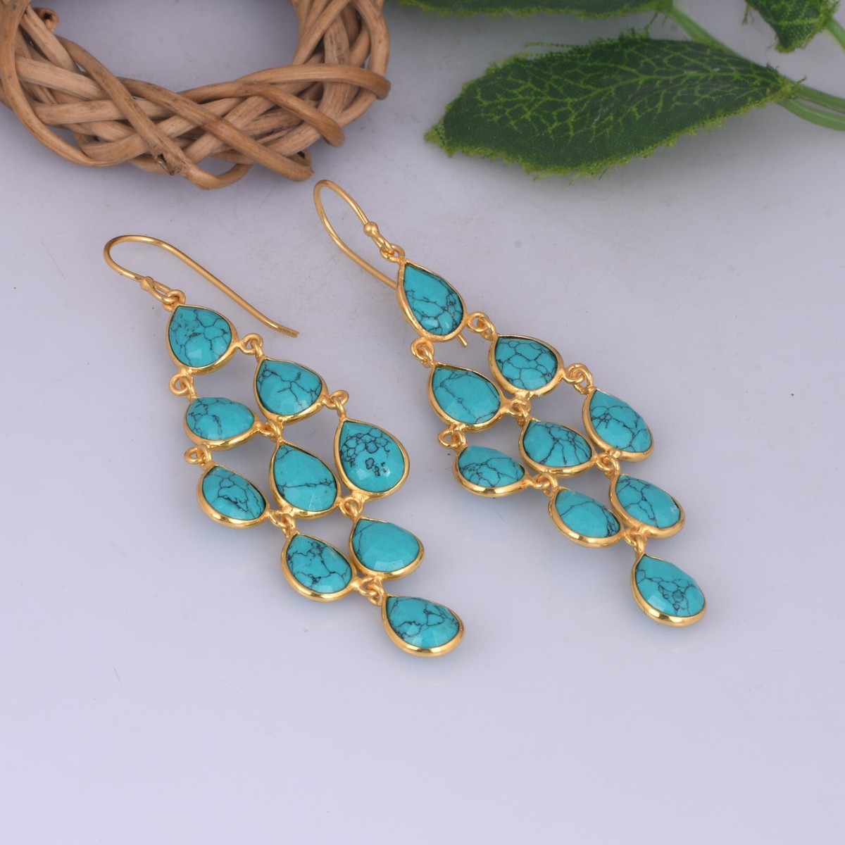 Yellow Gold Long Pear Turquoise Chandelier Earring 5 Stone