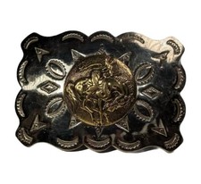 Vintage Bell Trading Nickle Silver Cowboy Rodeo Bronco Western Belt Buckle