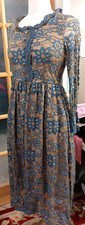 Victorian Floral Lace Overlay Dress Midi Sz S Round Midi Ruffled Neck /Cuffs