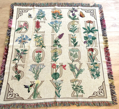 Tapestry Throw Blanket Floral Alphabets Hummingbird Butterfly Nature 55" x 50"