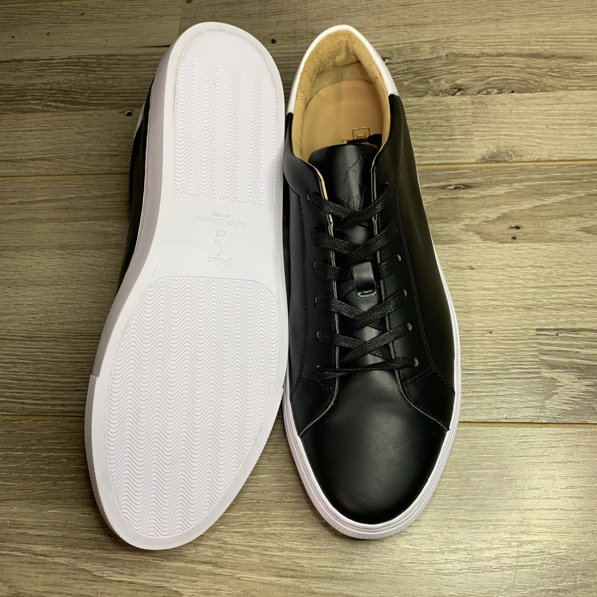 POLO RALPH LAUREN JERMAIN II BLACK LEATHER SNEAKERS WHITE MENS