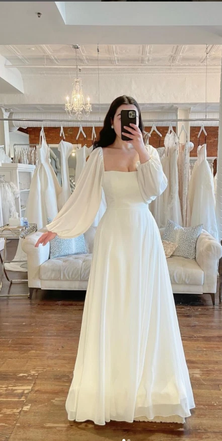 Chiffon Wedding Dresses Long Sleeves Square Neck White Ivory Boho Bridal Gowns - Image 3 of 4