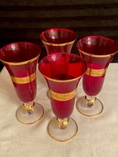 Set Of 4 Red 24K Gold   Encrusted Interglass Wine Goblets 7.5" Tall Italy
