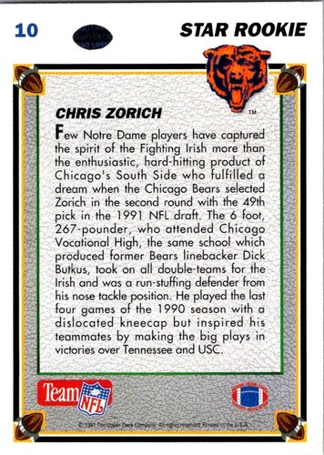 FOOTBALL CARD UPPER DECK CHRIS ZORICH STAR ROOKIE - Picture 2 of 2