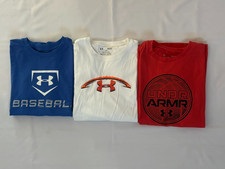 LOT OF 3 BOYS UNDER ARMOUR S/S SHIRTS, BLUE/WHITE/RED SIZE YOUTH LARGE