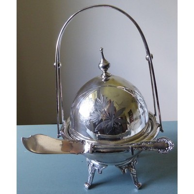 c1870 Rogers & Smith New Haven Butter Dish Dome w Gorham Cambridge Sterling Knfe