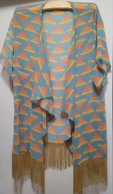 LuLaRoe Geometric Fringe Kimono Jacket Blue Orange Yellow Size L